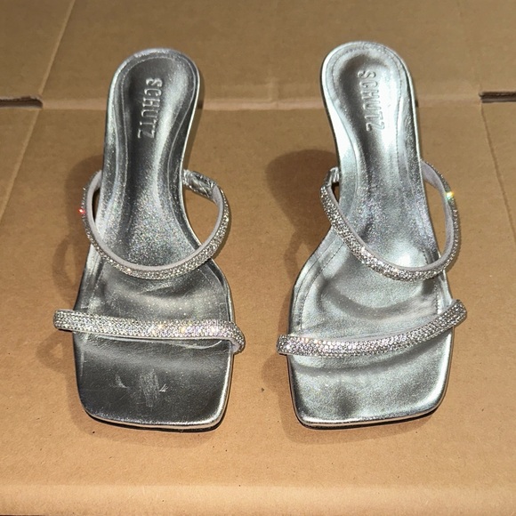 SCHUTZ Glittering Silver Strappy Heels - Picture 1 of 5